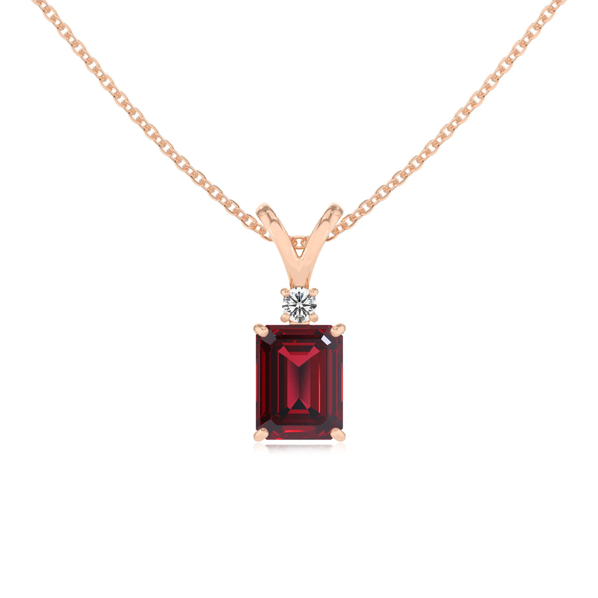 lab grown ruby emerald cut solitaire v-bale necklaces in rose gold 