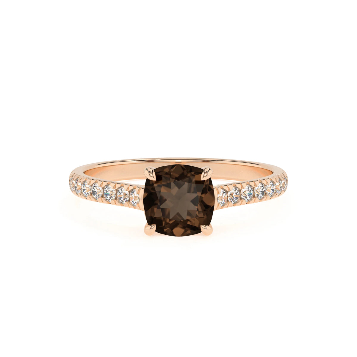 natural smoky-quartz cushion half eternity solitaire engagement rings in rose gold 