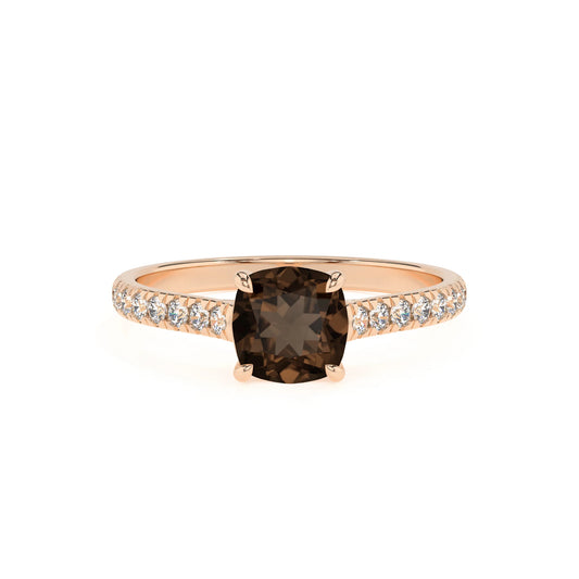 natural smoky-quartz cushion half eternity solitaire engagement rings in rose gold 