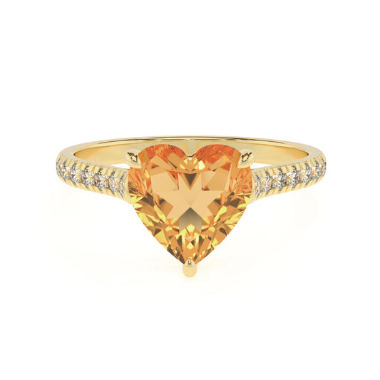 lab grown citrine heart half eternity solitaire engagement rings in yellow gold 