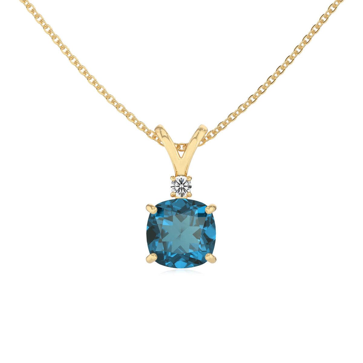 natural london-blue-topaz cushion solitaire v-bale necklaces in yellow gold 