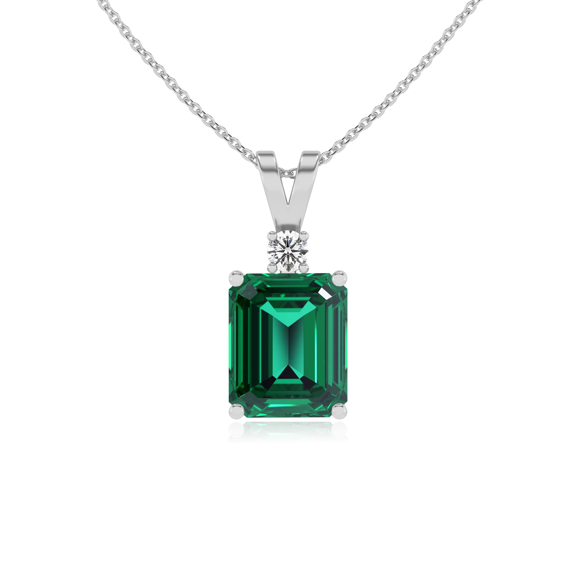 lab grown emerald octogon cut solitaire v-bale necklaces in platinum 