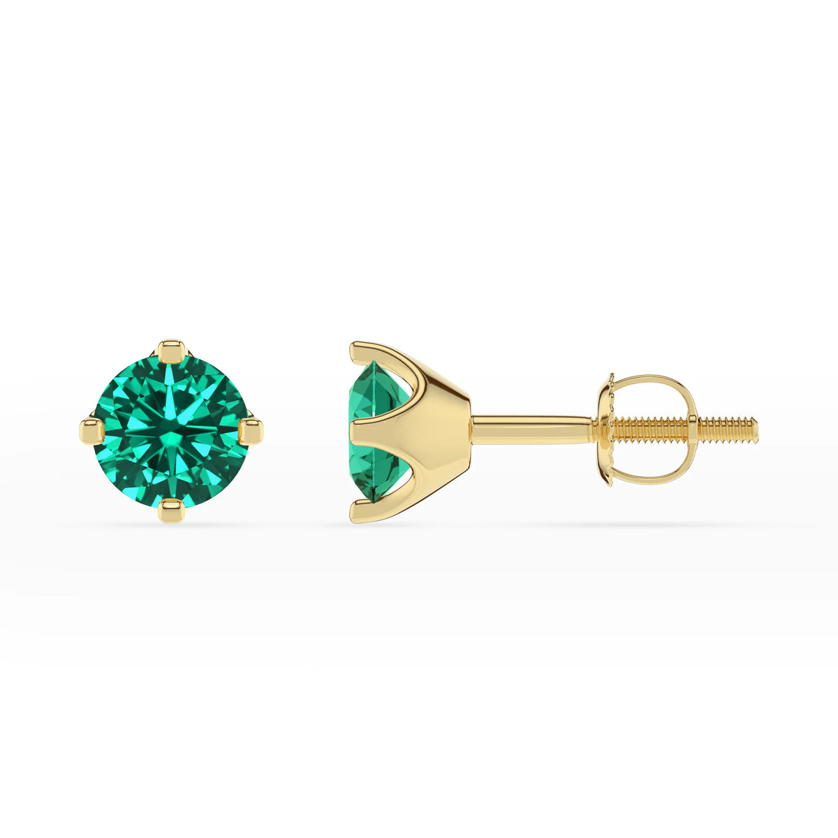 lab grown emerald round stud earrings in yellow gold 