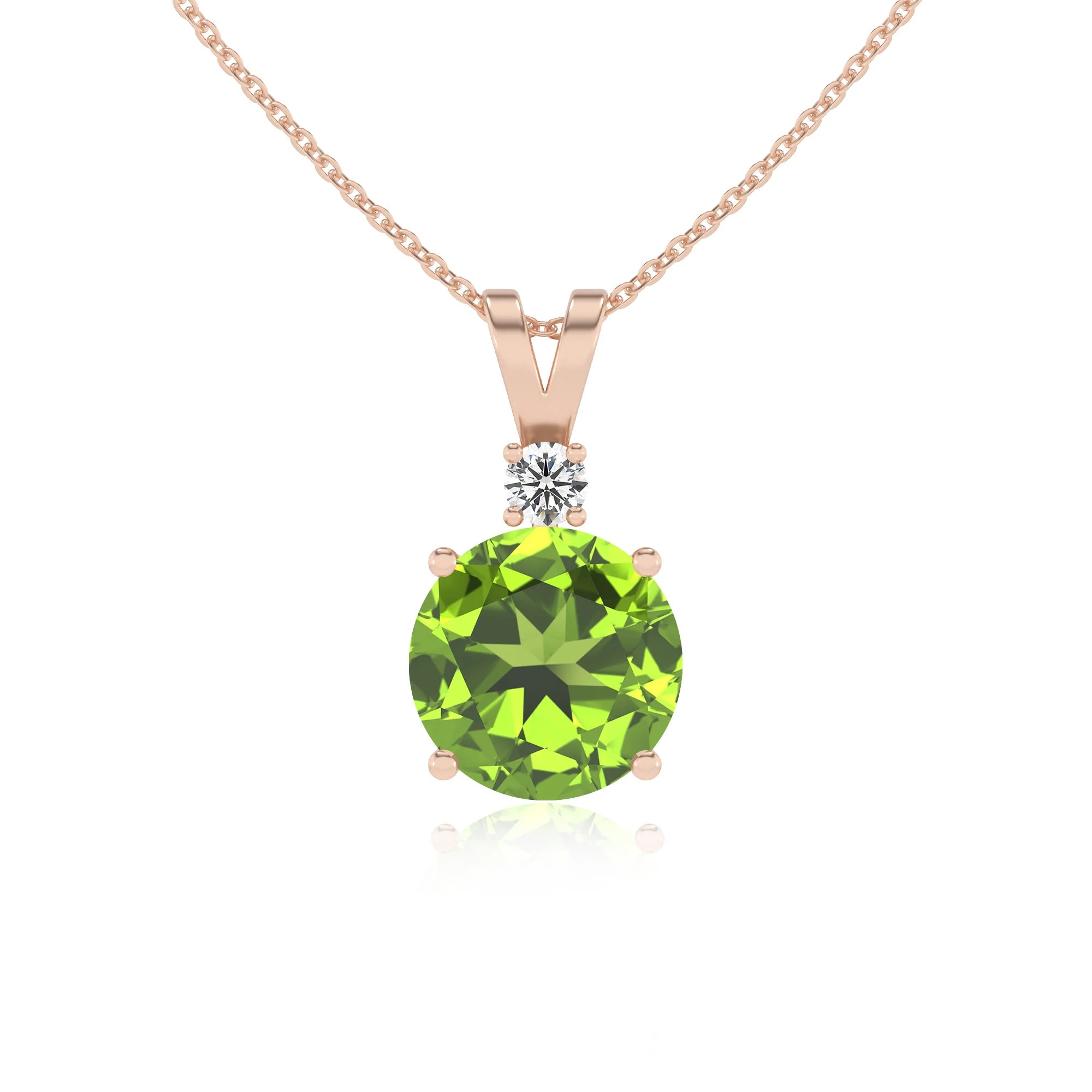natural peridot round solitaire v-bale necklaces in rose gold 