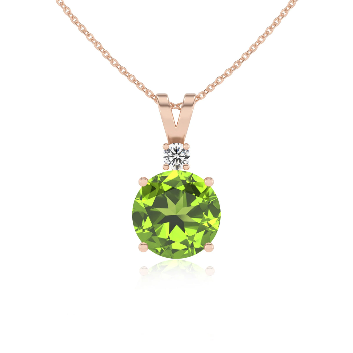 natural peridot round solitaire v-bale necklaces in rose gold 