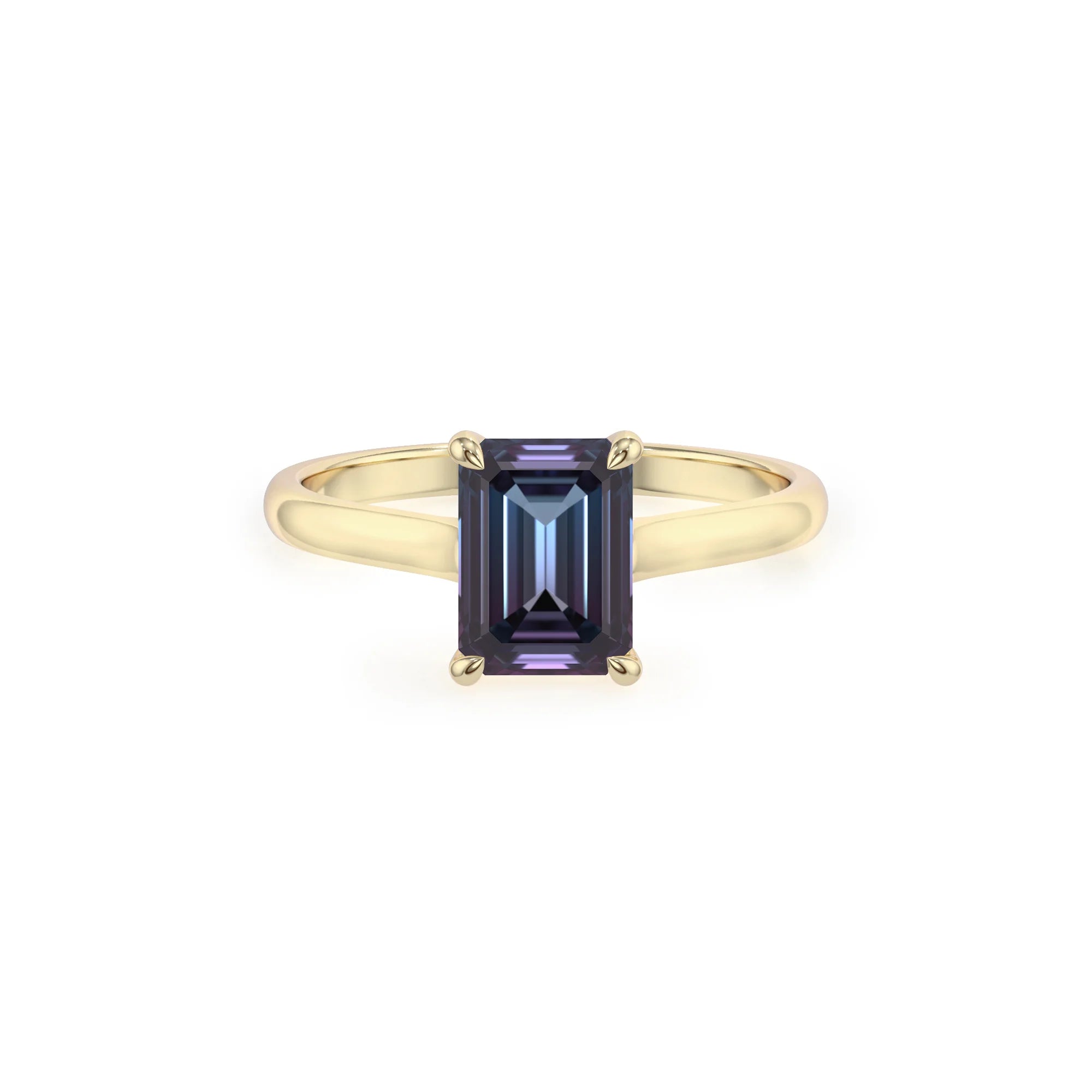 lab grown alexandrite emerald cut solitaire rings in yellow gold 