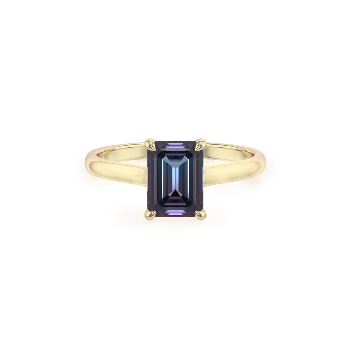 lab grown alexandrite emerald cut solitaire rings in yellow gold 
