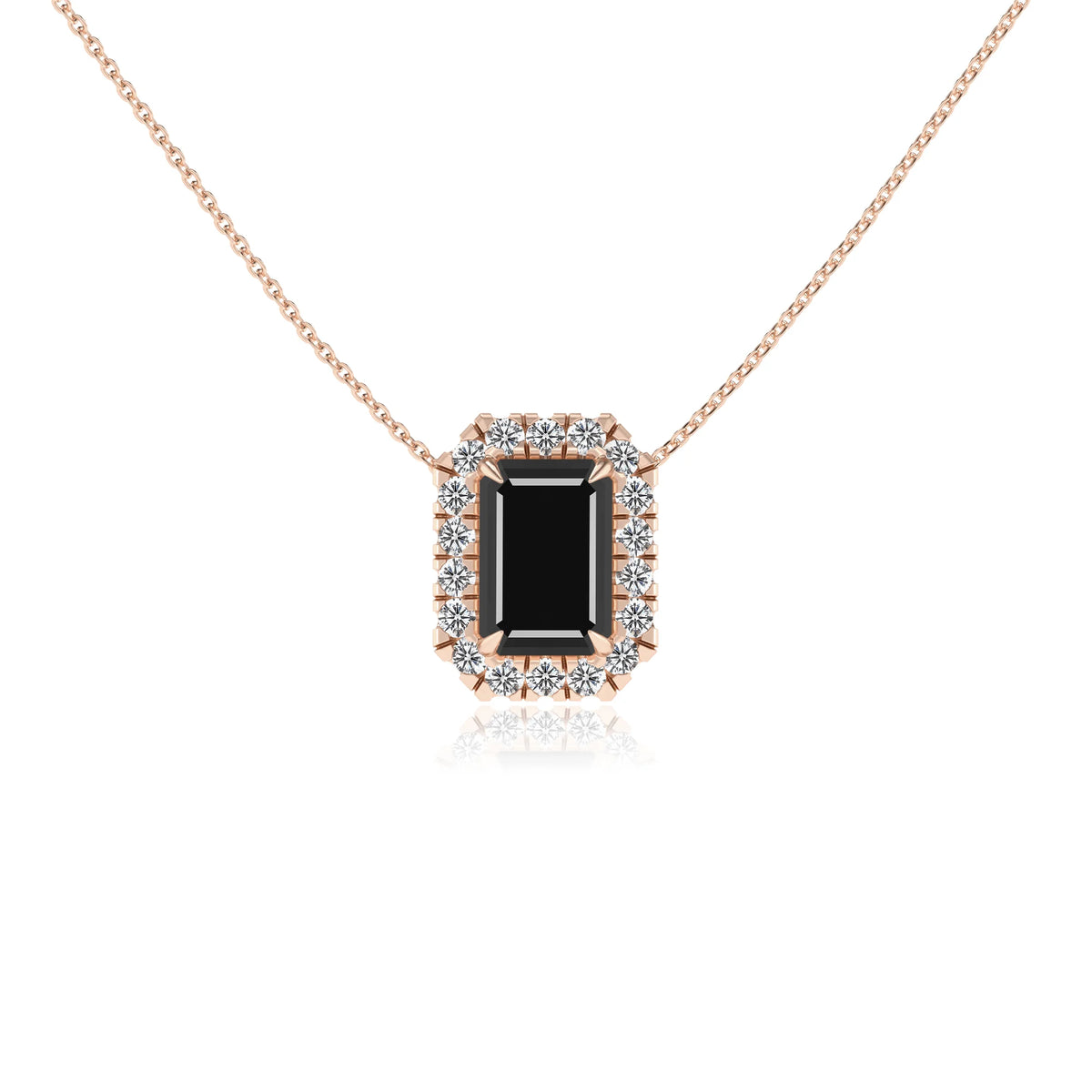 natural black onyx emerald cut solitaire necklaces in rose gold 