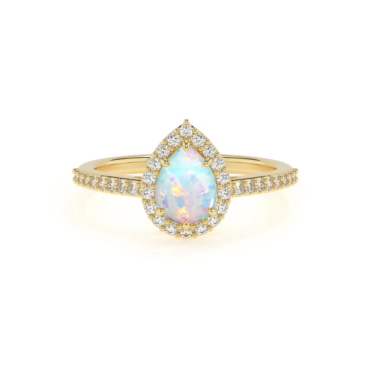 lab grown opal pear solitaire rings in yellow gold 