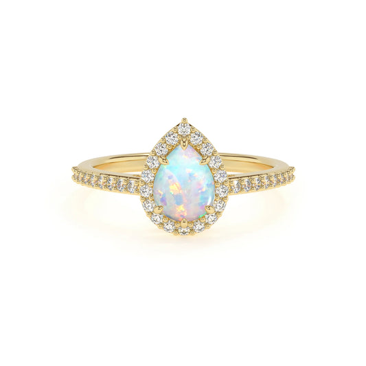 lab grown opal pear solitaire rings in yellow gold 