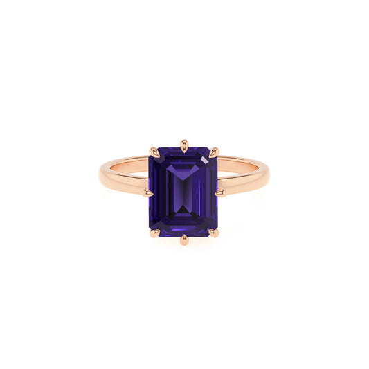 lab grown tanzanite emerald cut solitaire rings in rose gold 