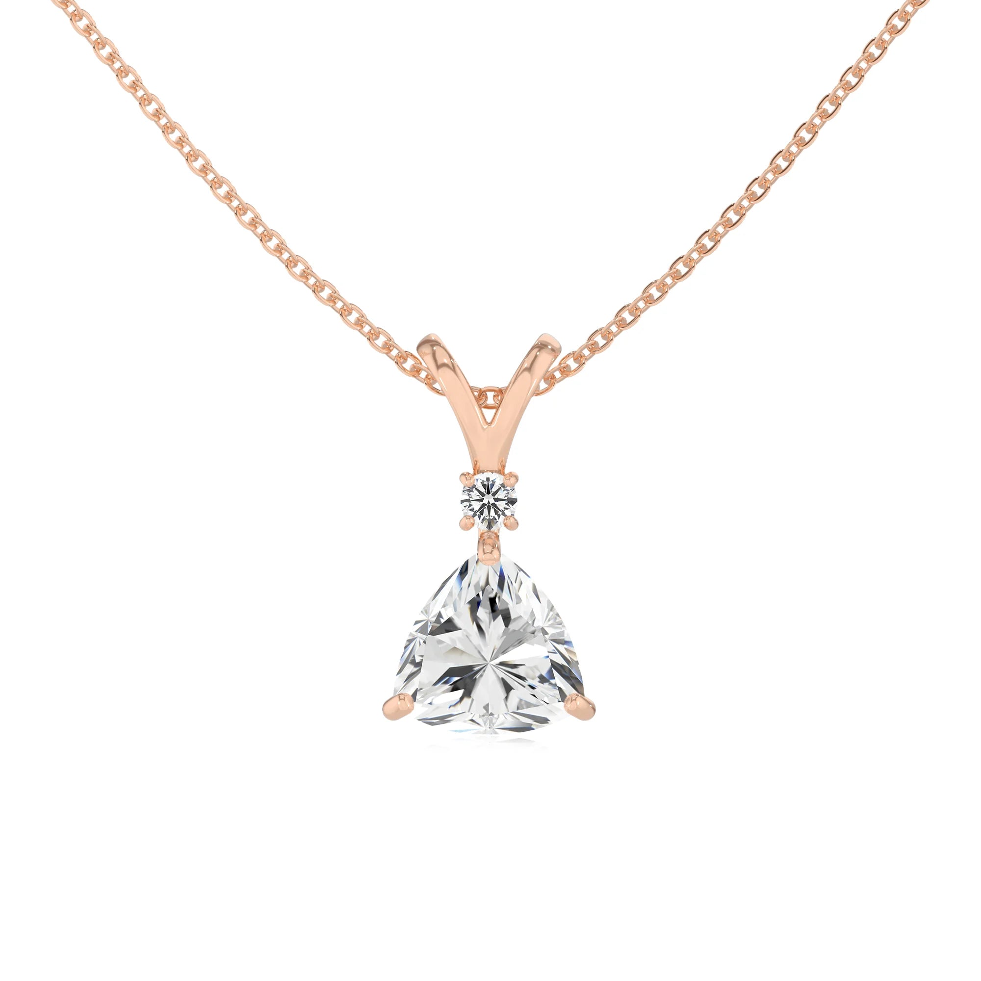 lab grown moissanite trillion solitaire v-bale necklaces in rose gold 