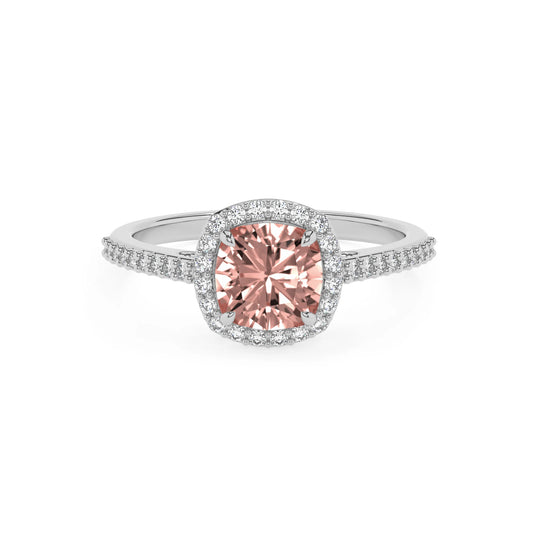 lab grown morganite cushion solitaire rings in white gold 