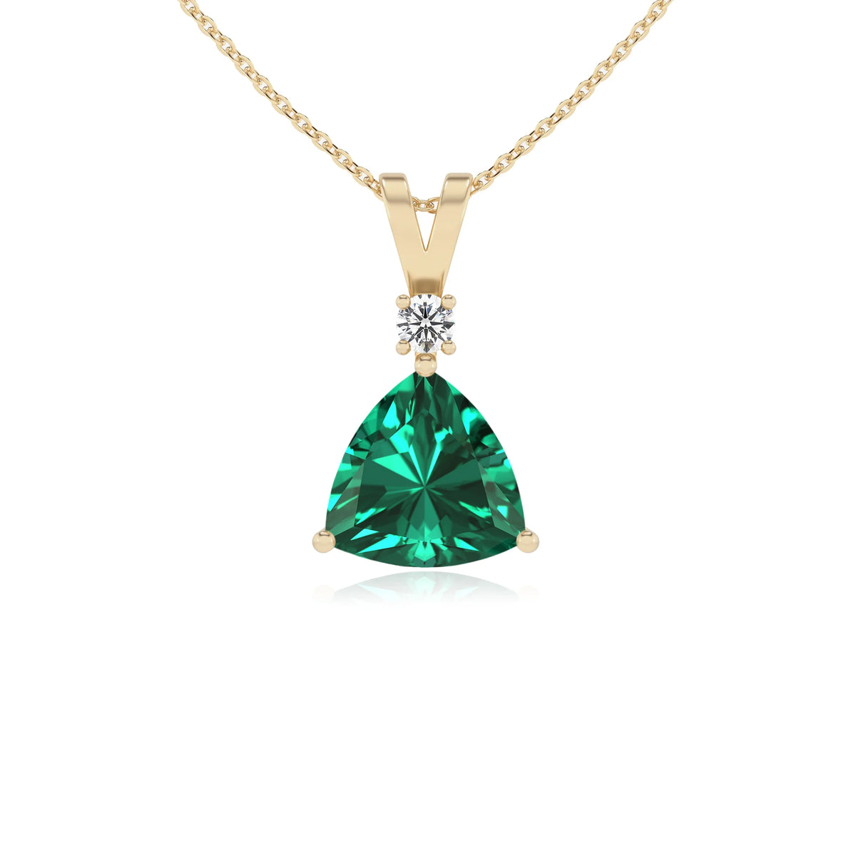 lab grown emerald trillion solitaire v-bale necklaces in yellow gold 
