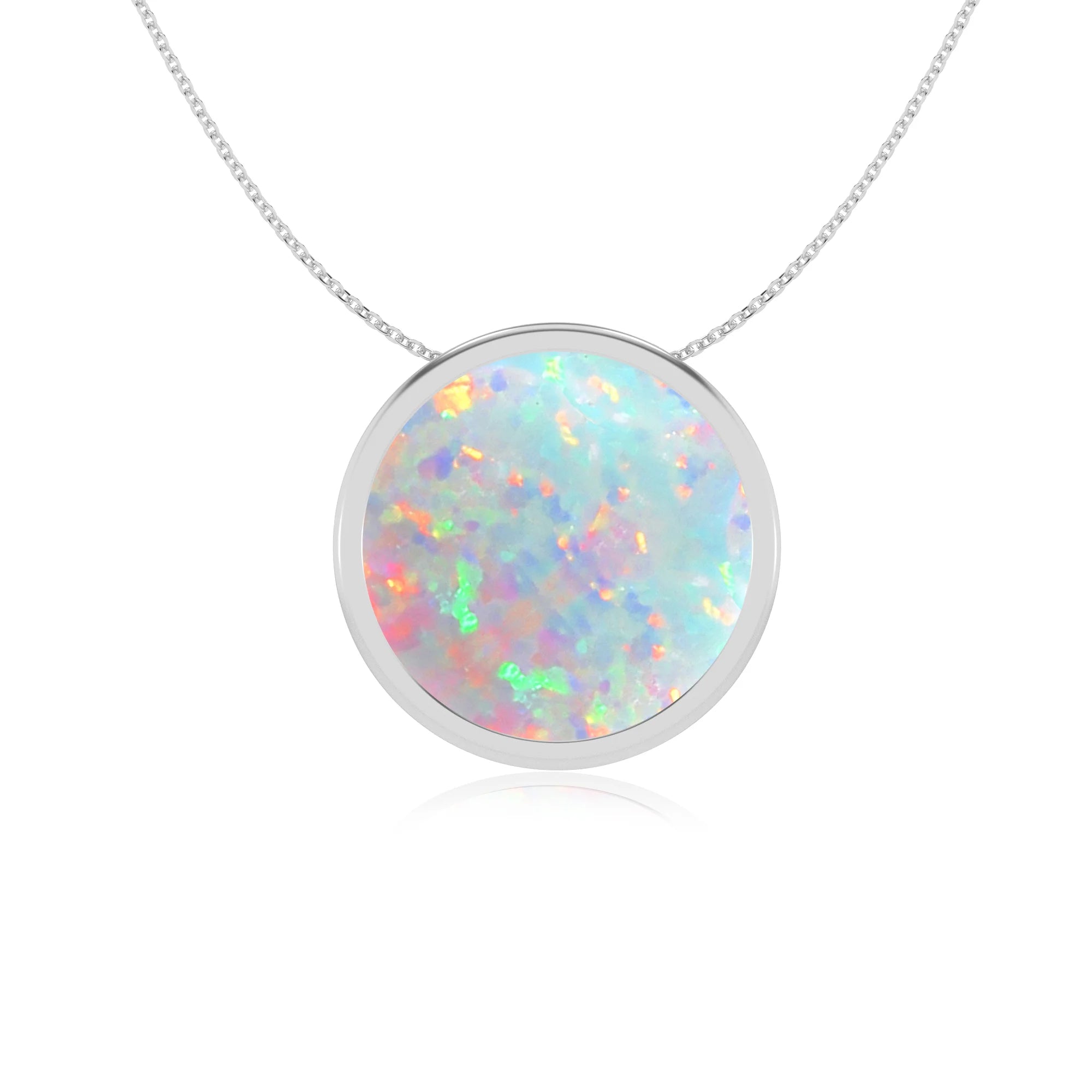 lab grown opal round solitaire necklaces in white gold 