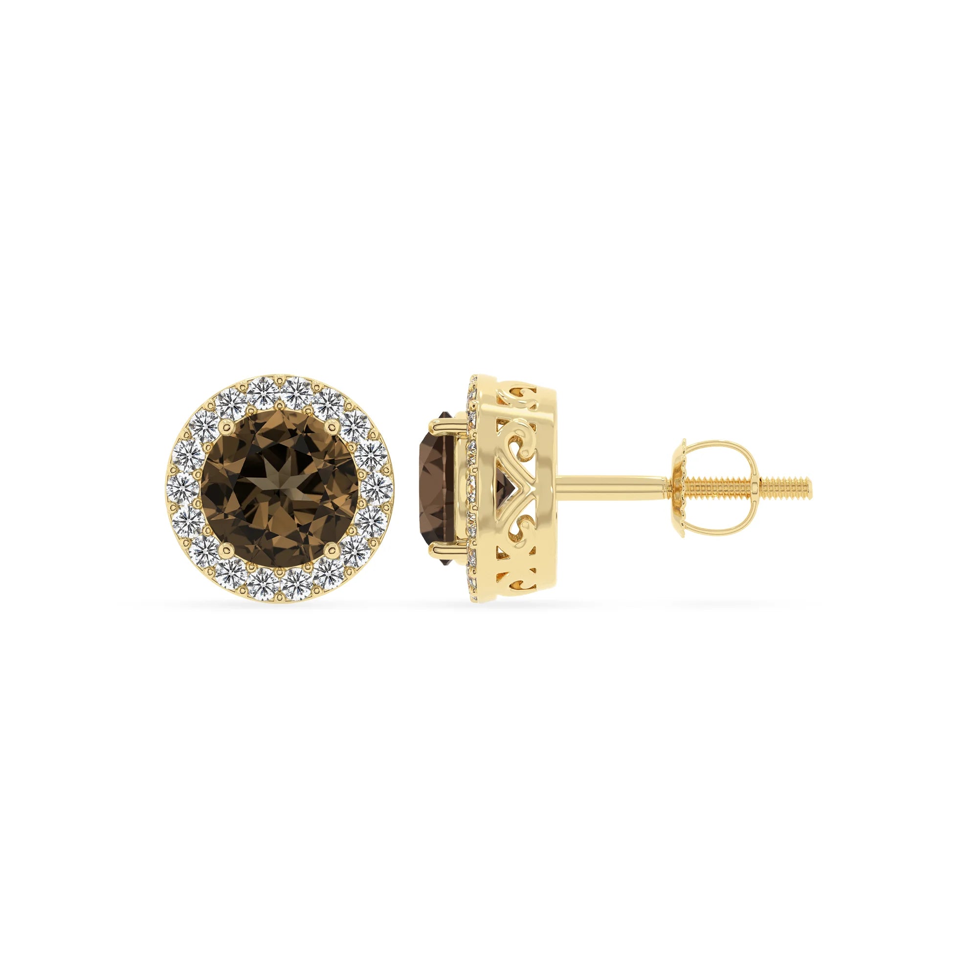 natural smoky quartz round stud earrings in yellow gold 