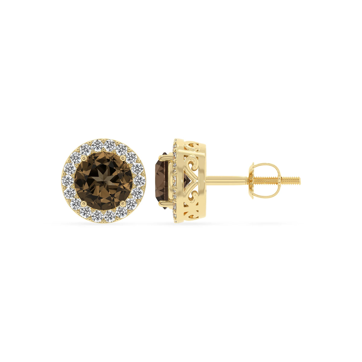 natural smoky quartz round stud earrings in yellow gold 