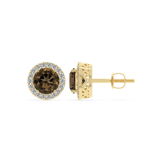 natural smoky quartz round stud earrings in yellow gold 