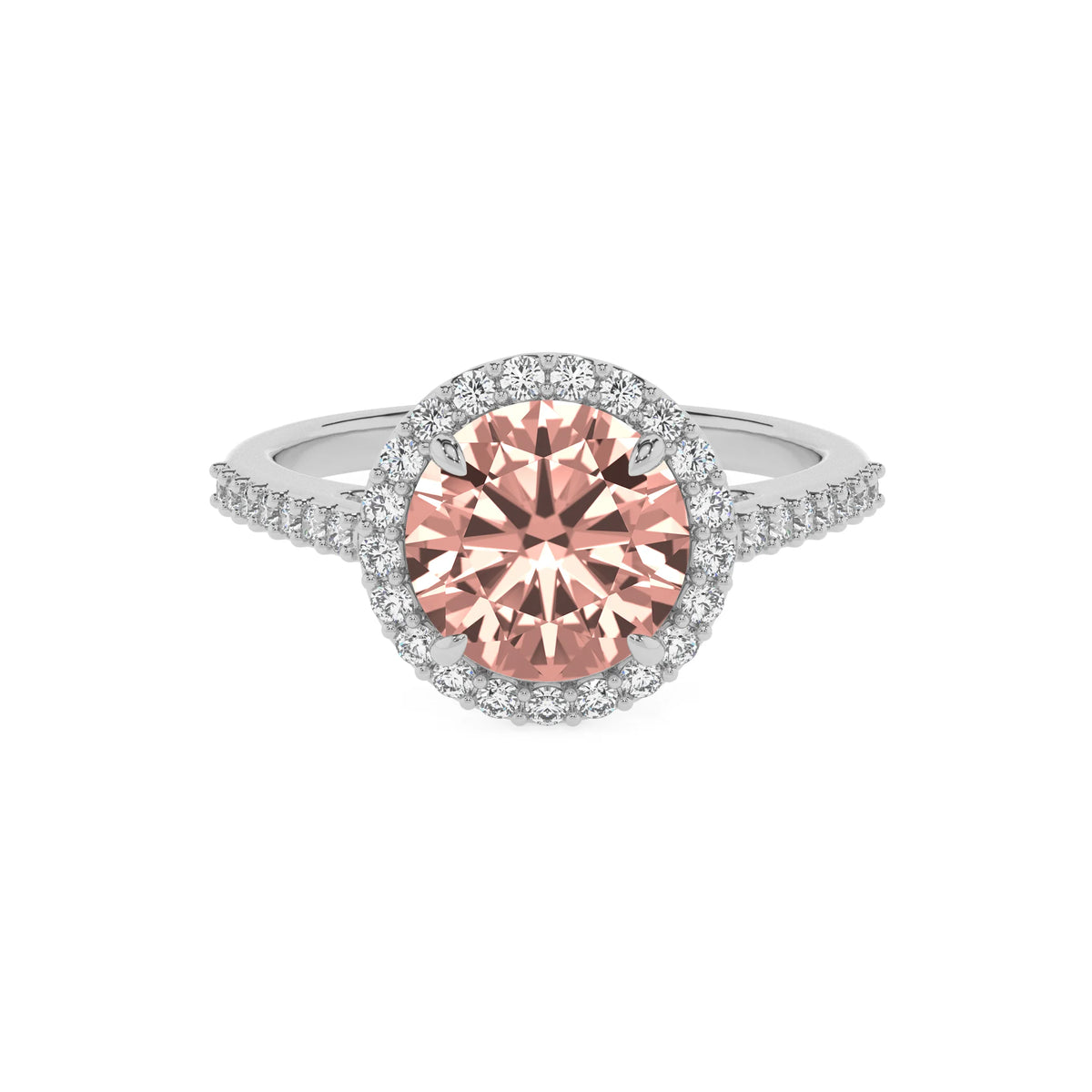 lab grown morganite round solitaire rings in platinum 