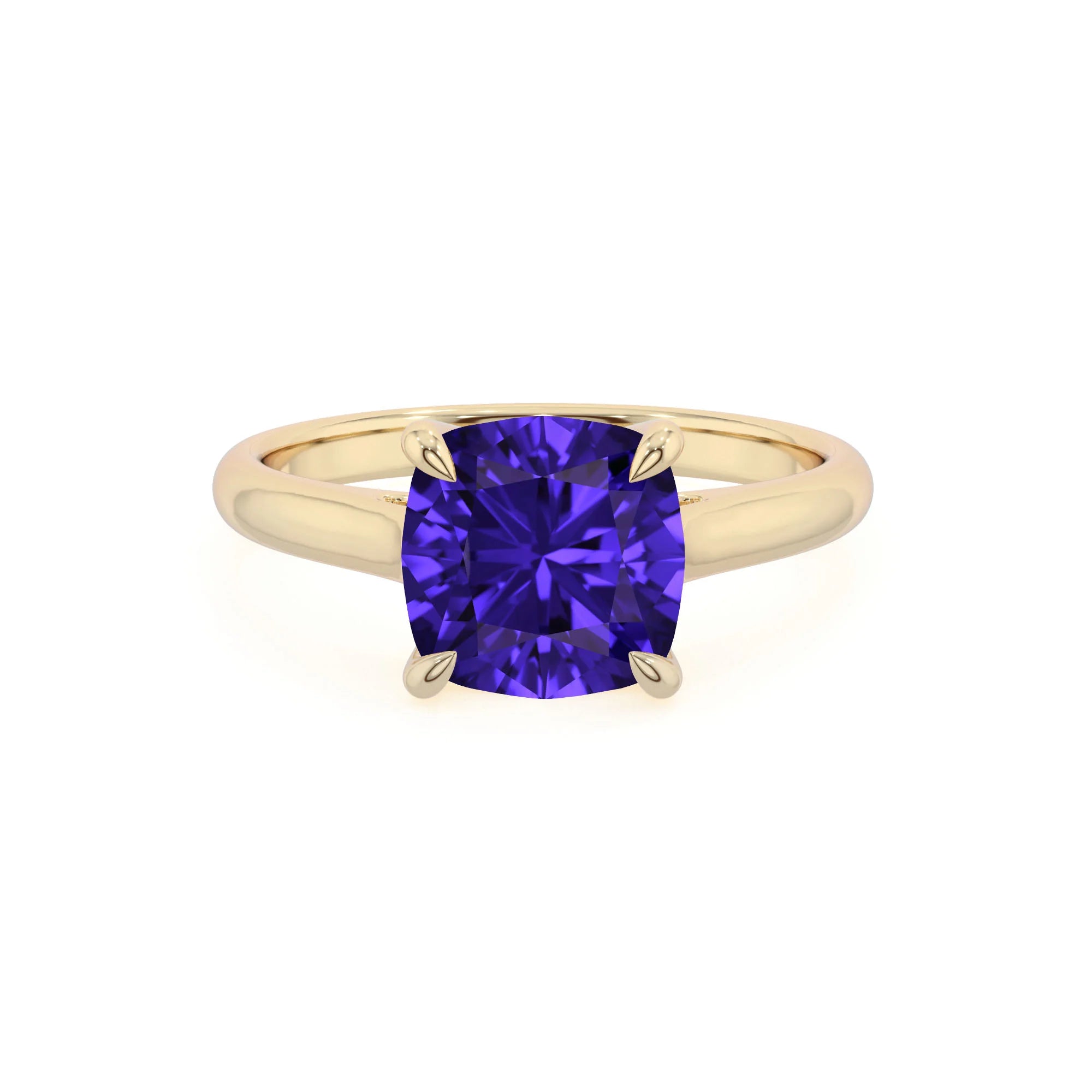 lab grown tanzanite cushion solitaire rings in yellow gold 