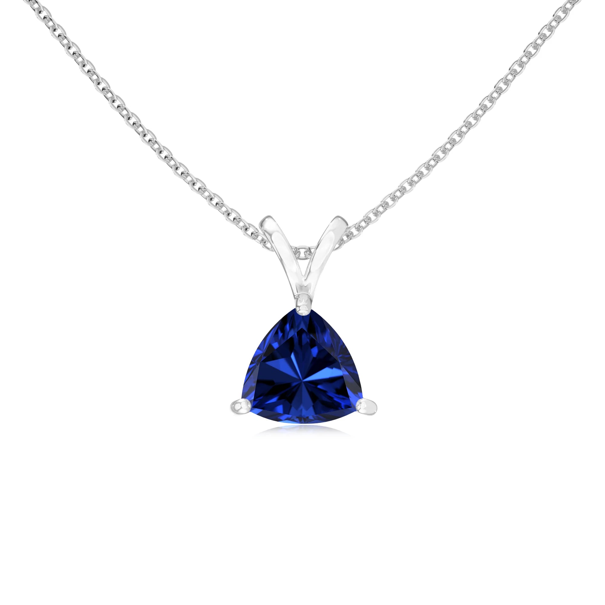 lab grown blue-sapphire trillion solitaire v-bale necklaces in sterling silver 