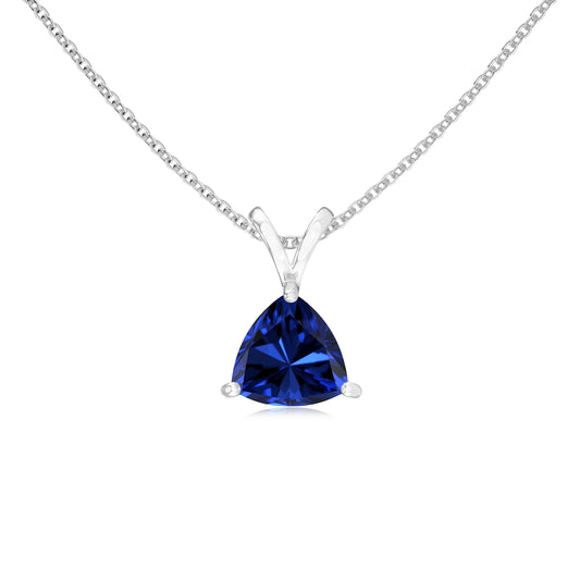 lab grown blue-sapphire trillion solitaire v-bale necklaces in sterling silver 