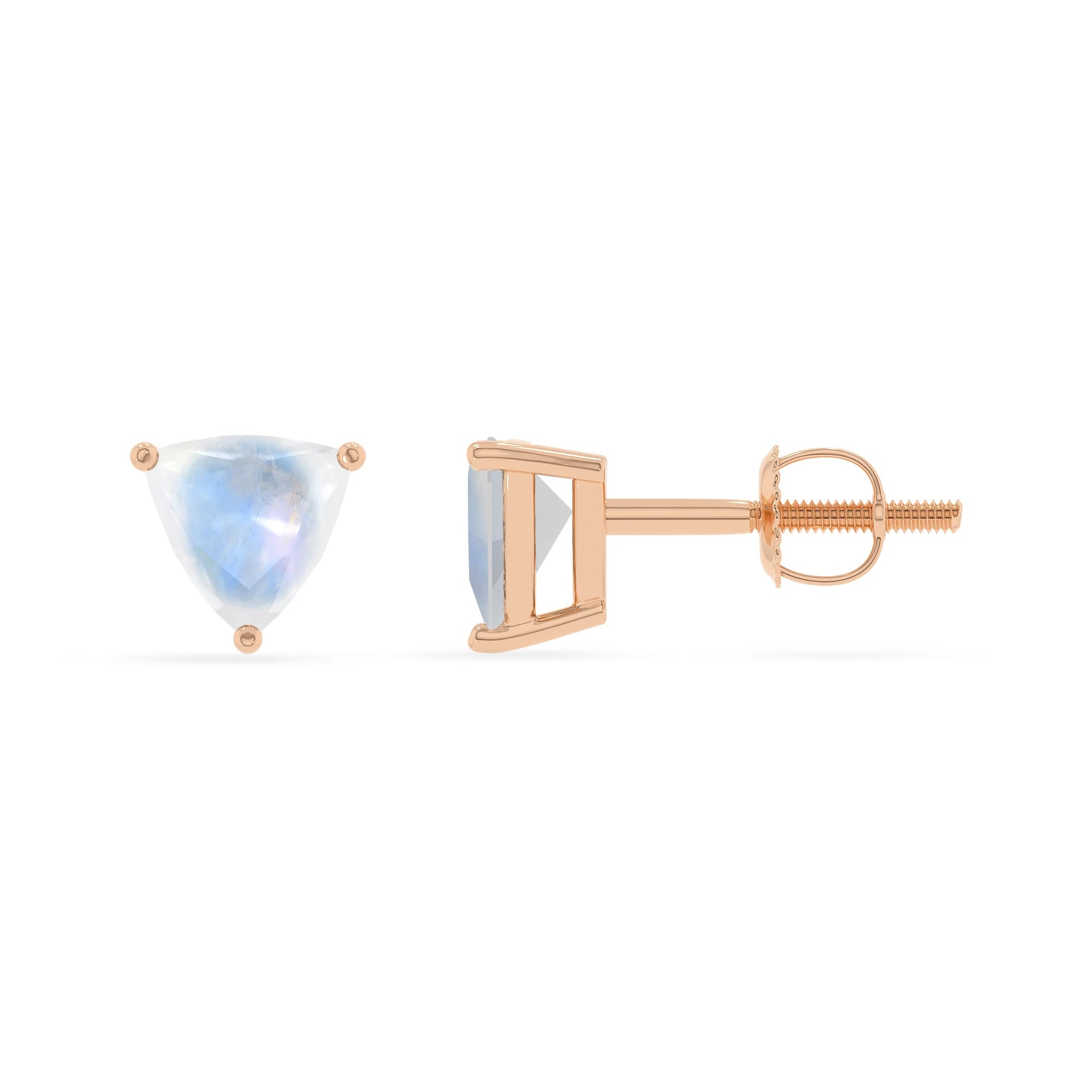 natural rainbow moonstone trillion stud earrings in rose gold 