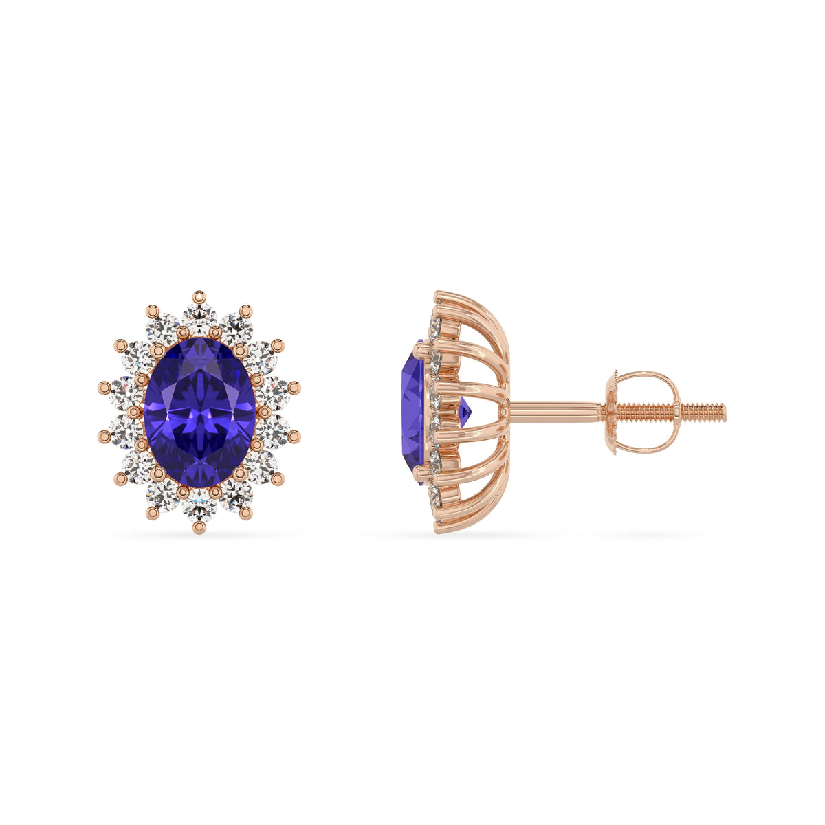 lab grown tanzanite oval stud earrings in rose gold 