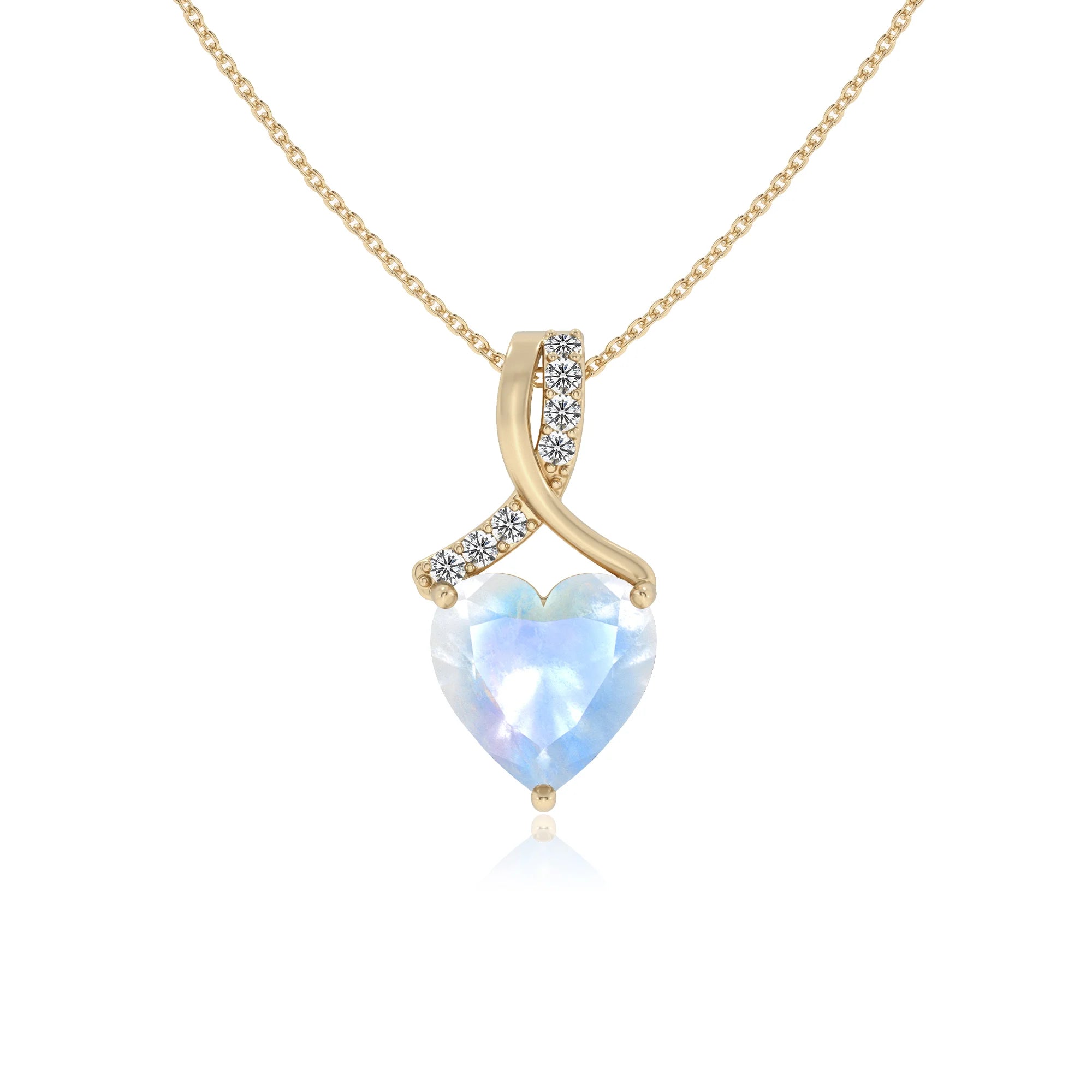 natural rainbow-moonstone heart solitaire necklaces in yellow gold 