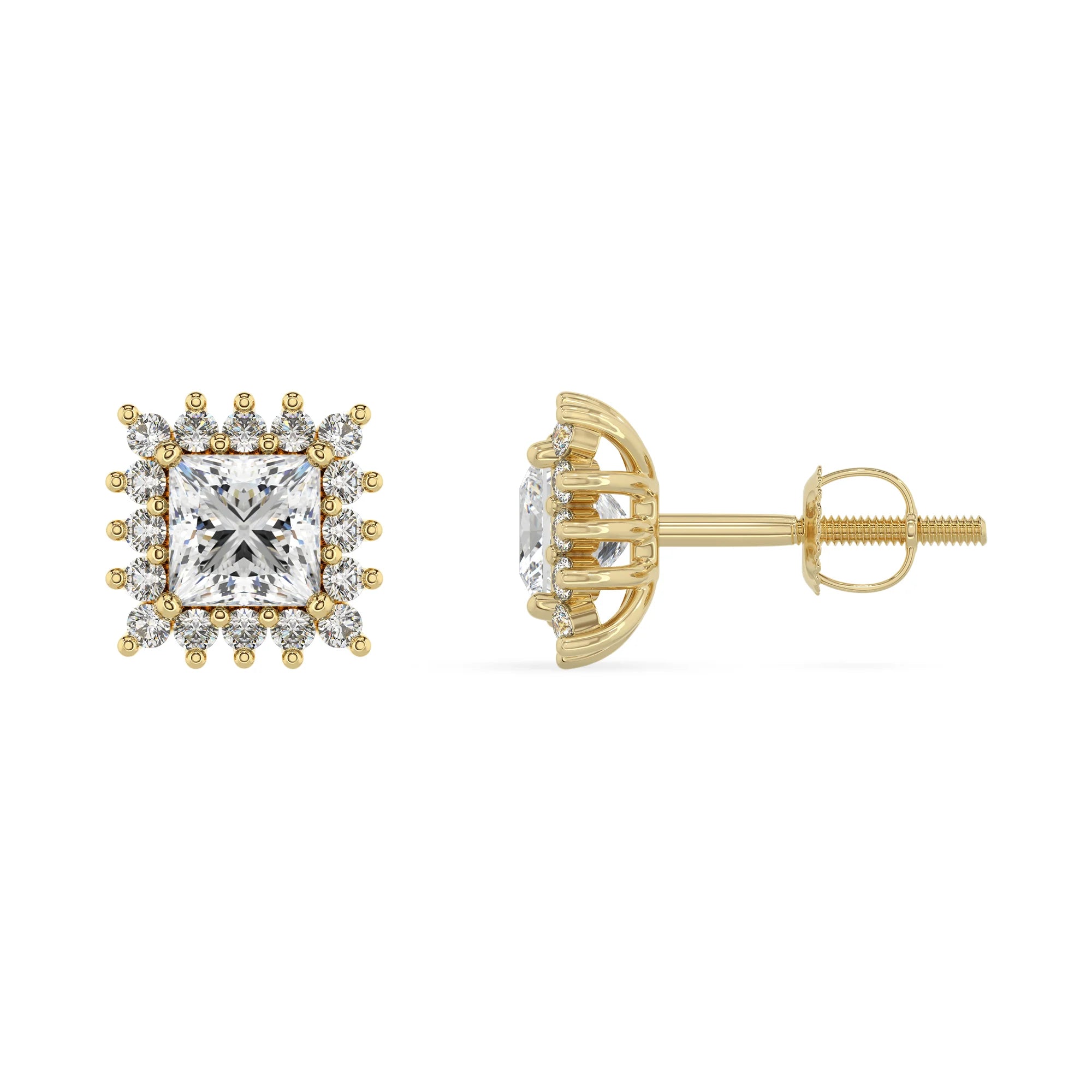 lab grown moissanite princess stud earrings in yellow gold 