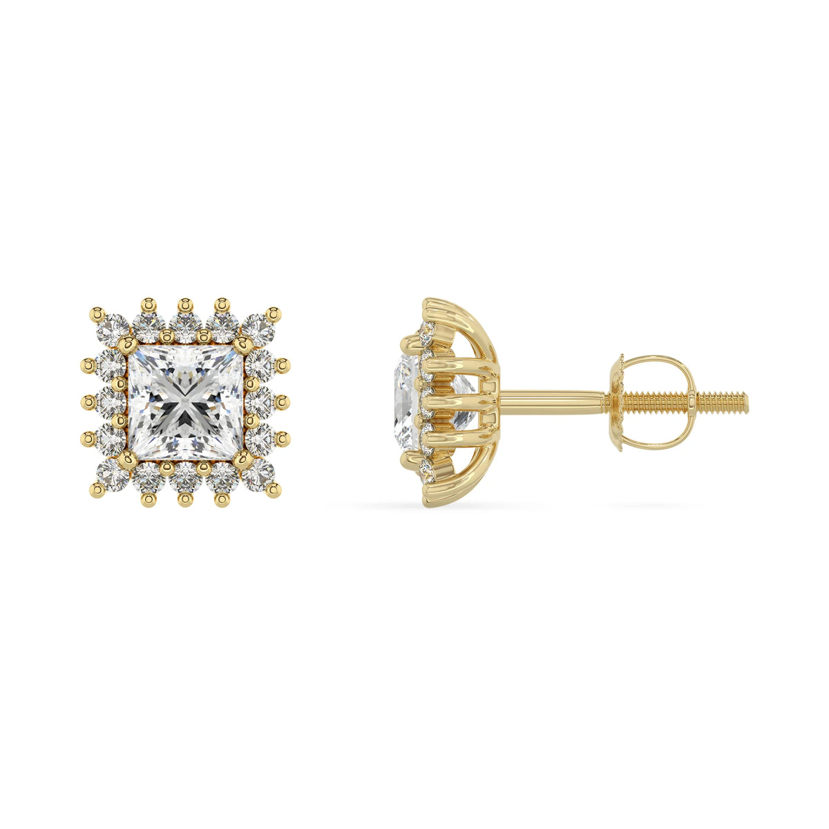 lab grown moissanite princess stud earrings in yellow gold 