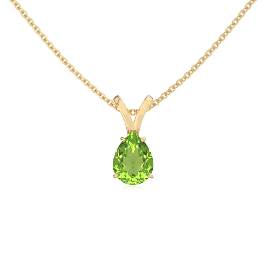 natural peridot pear solitaire v-bale necklaces in yellow gold 
