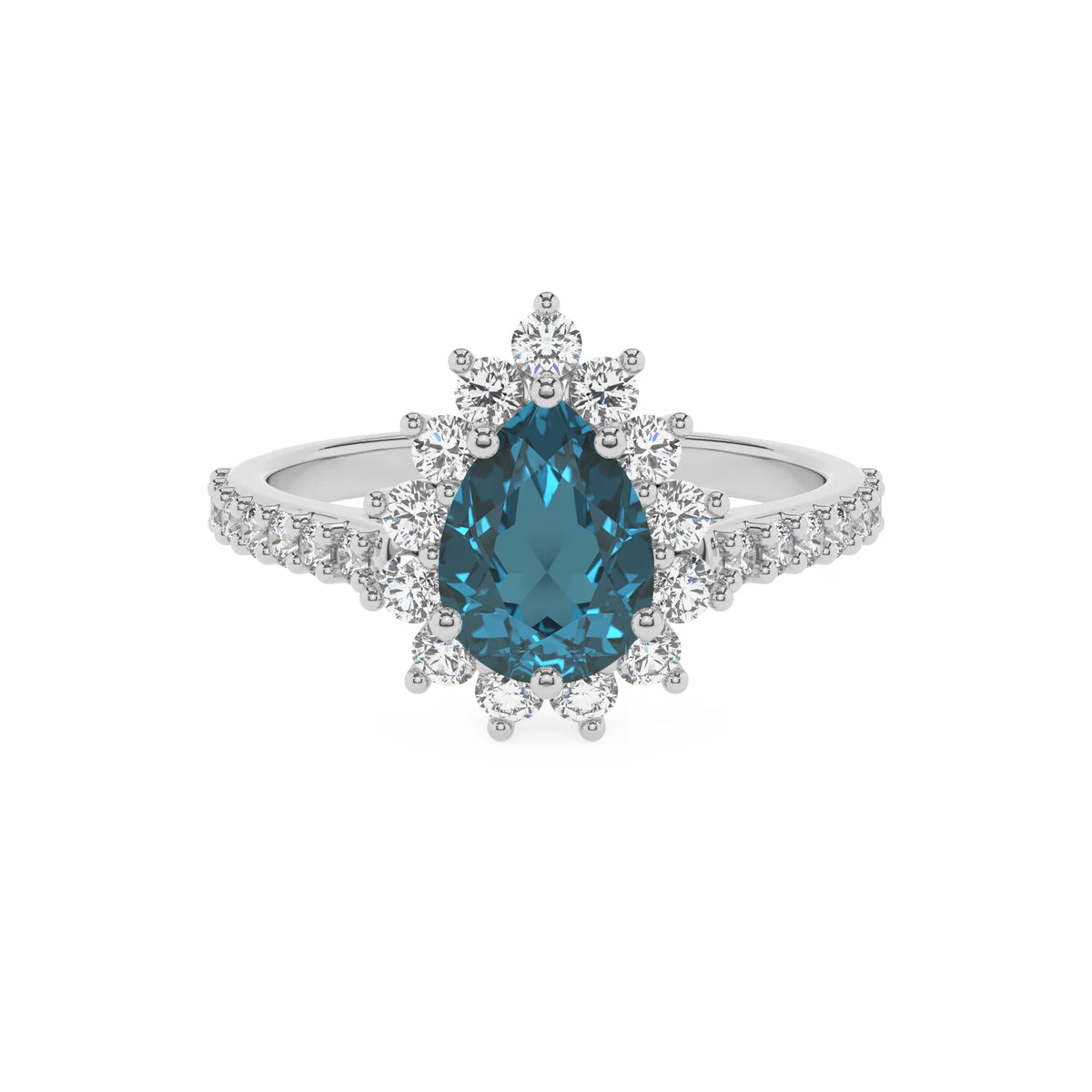 natural london-blue-topaz pear solitaire rings in platinum 