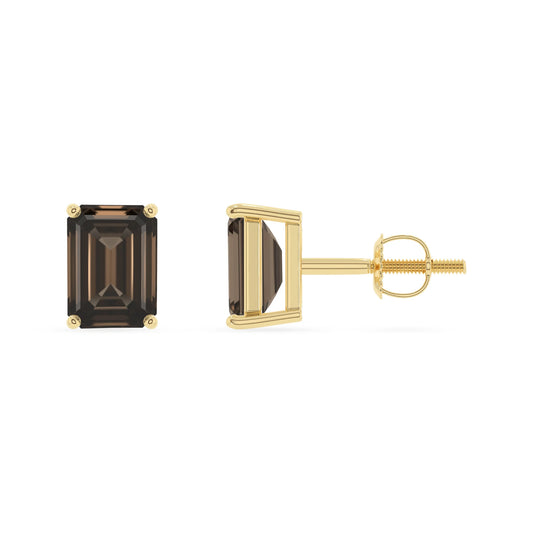 natural smoky quartz emerald cut stud earrings in yellow gold 