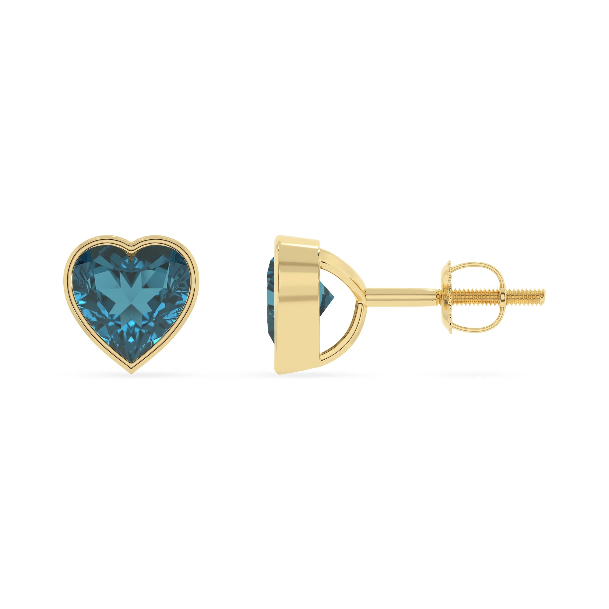 natural london blue topaz heart stud earrings in yellow gold 