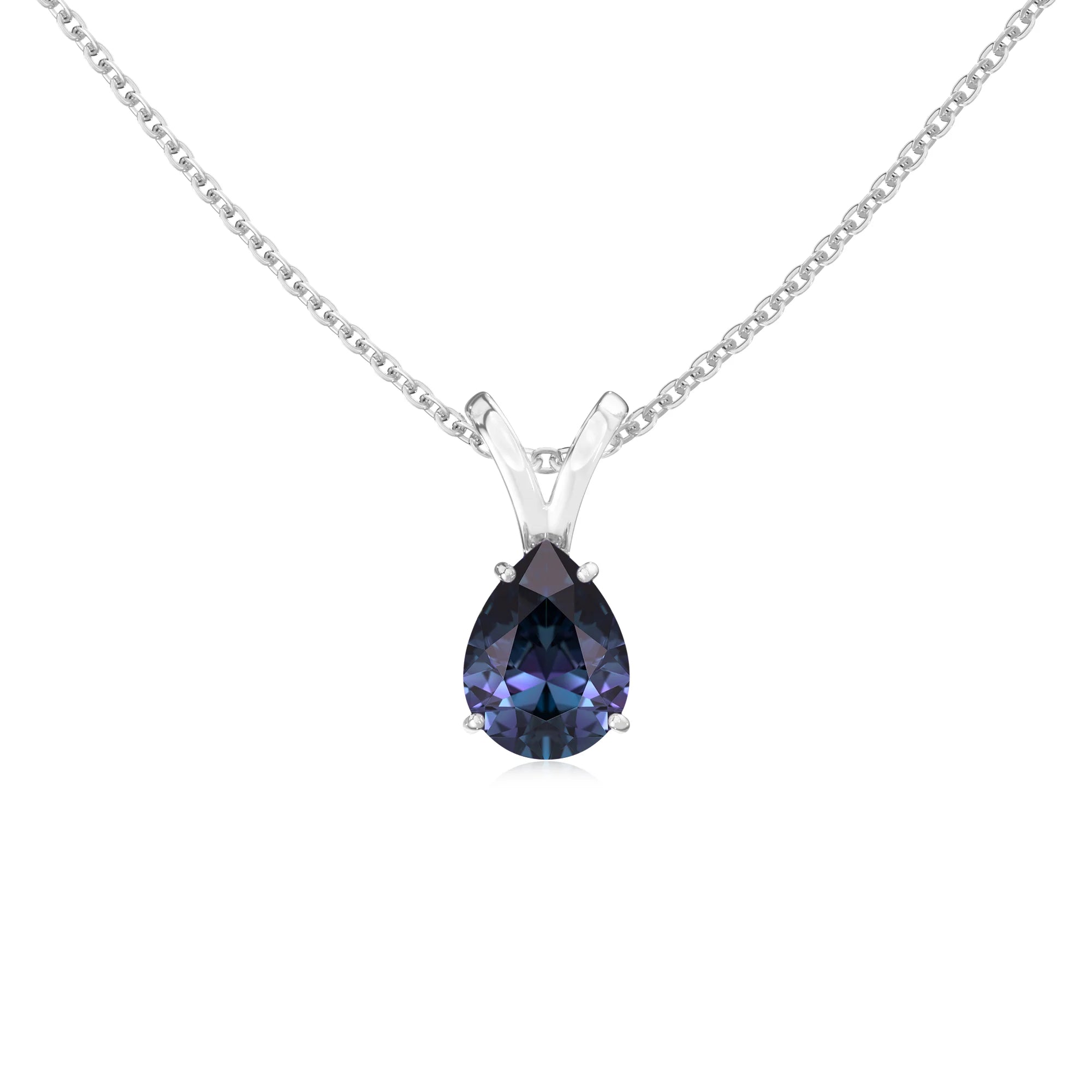 lab grown alexandrite pear solitaire v-bale necklaces in sterling silver 
