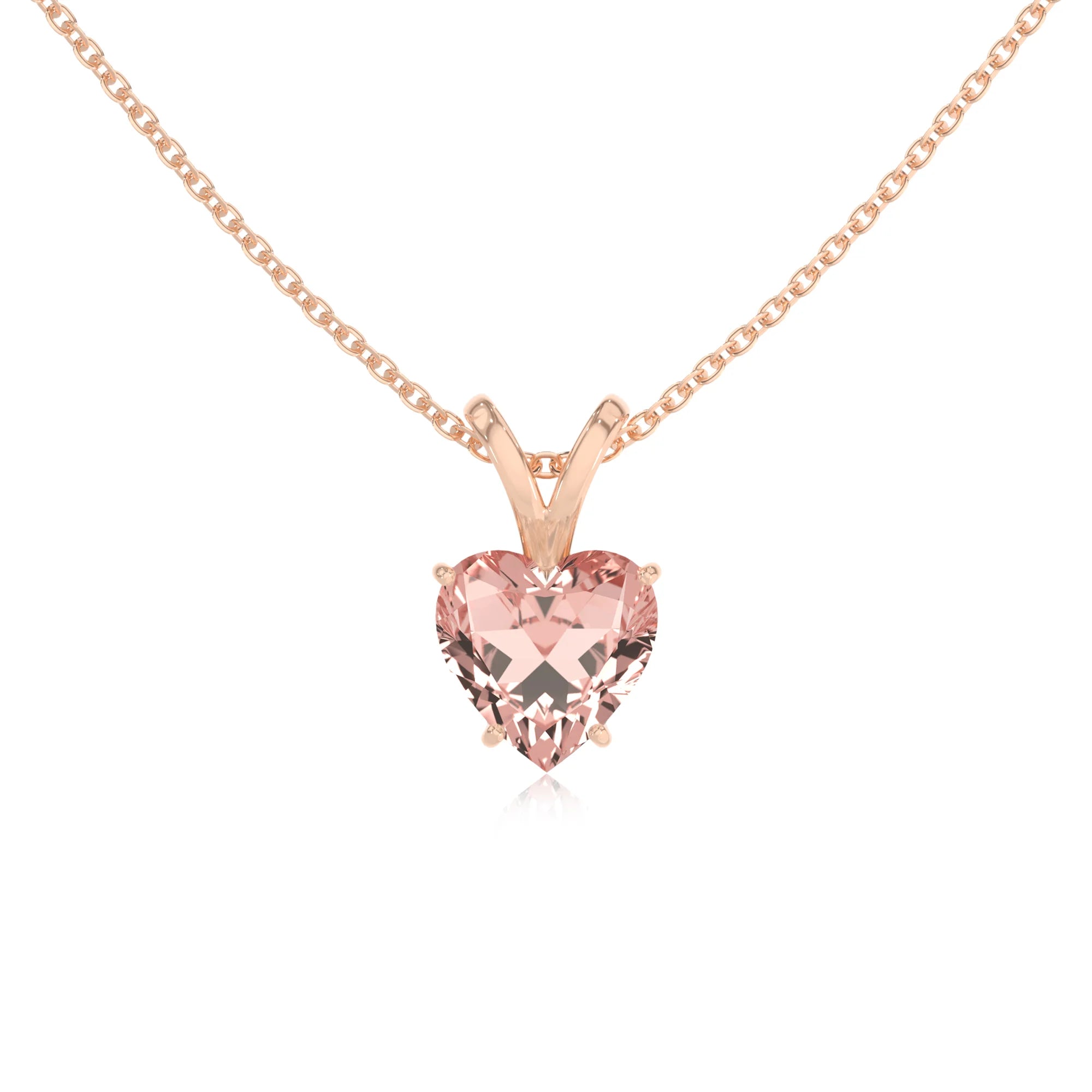 lab grown morganite heart solitaire v-bale necklaces in rose gold 
