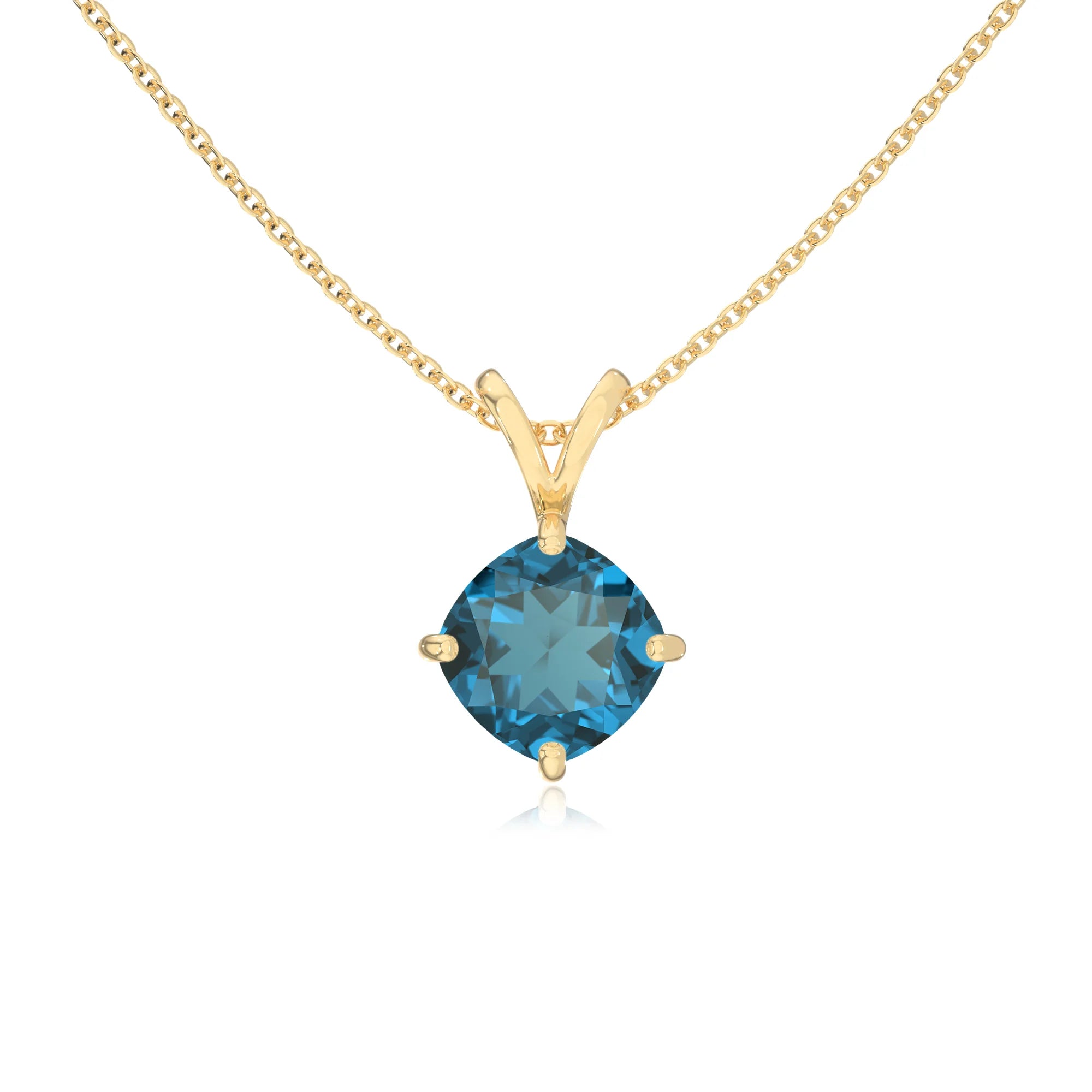 natural london-blue-topaz cushion solitaire v-bale necklaces in yellow gold 