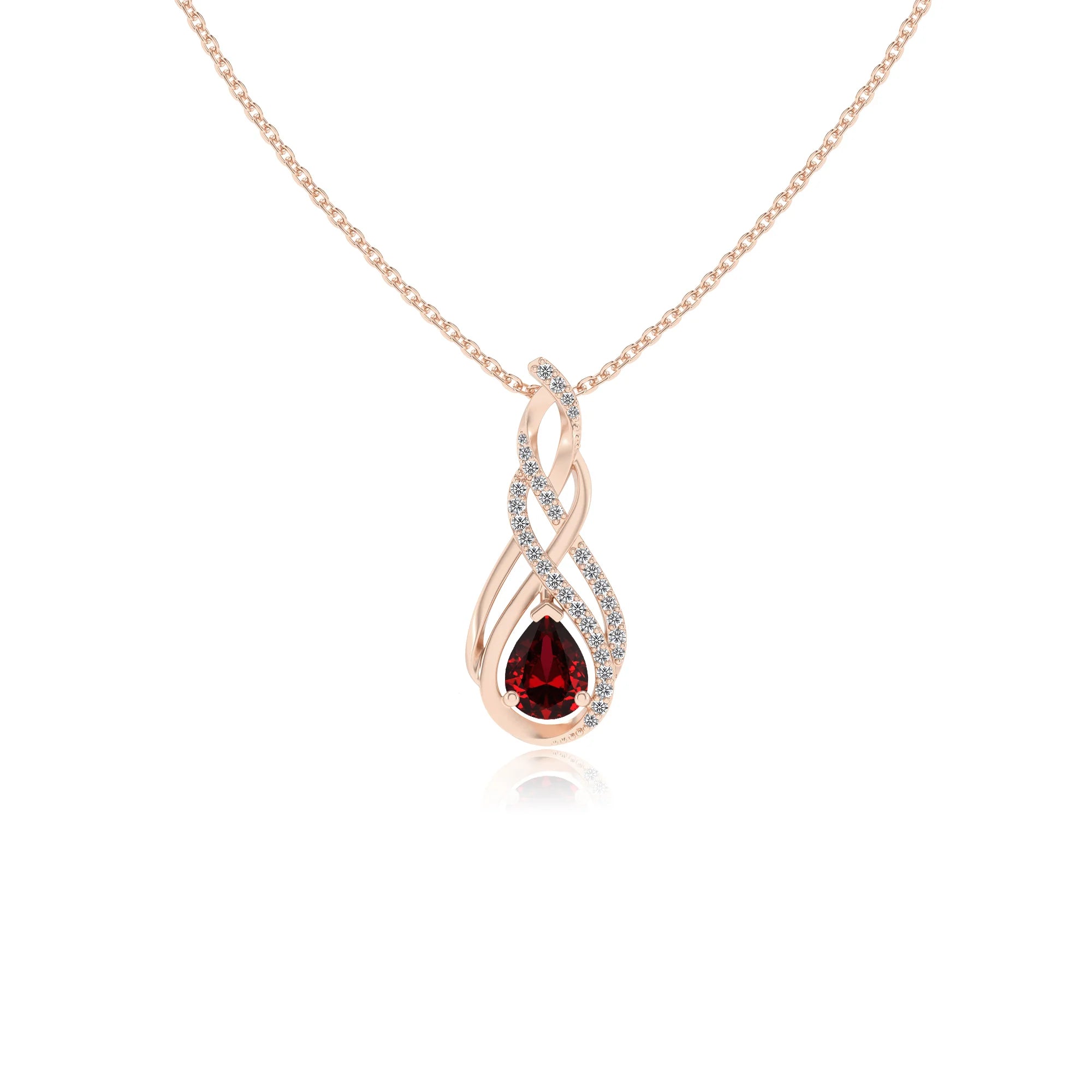 lab grown ruby pear solitaire necklaces in rose gold 