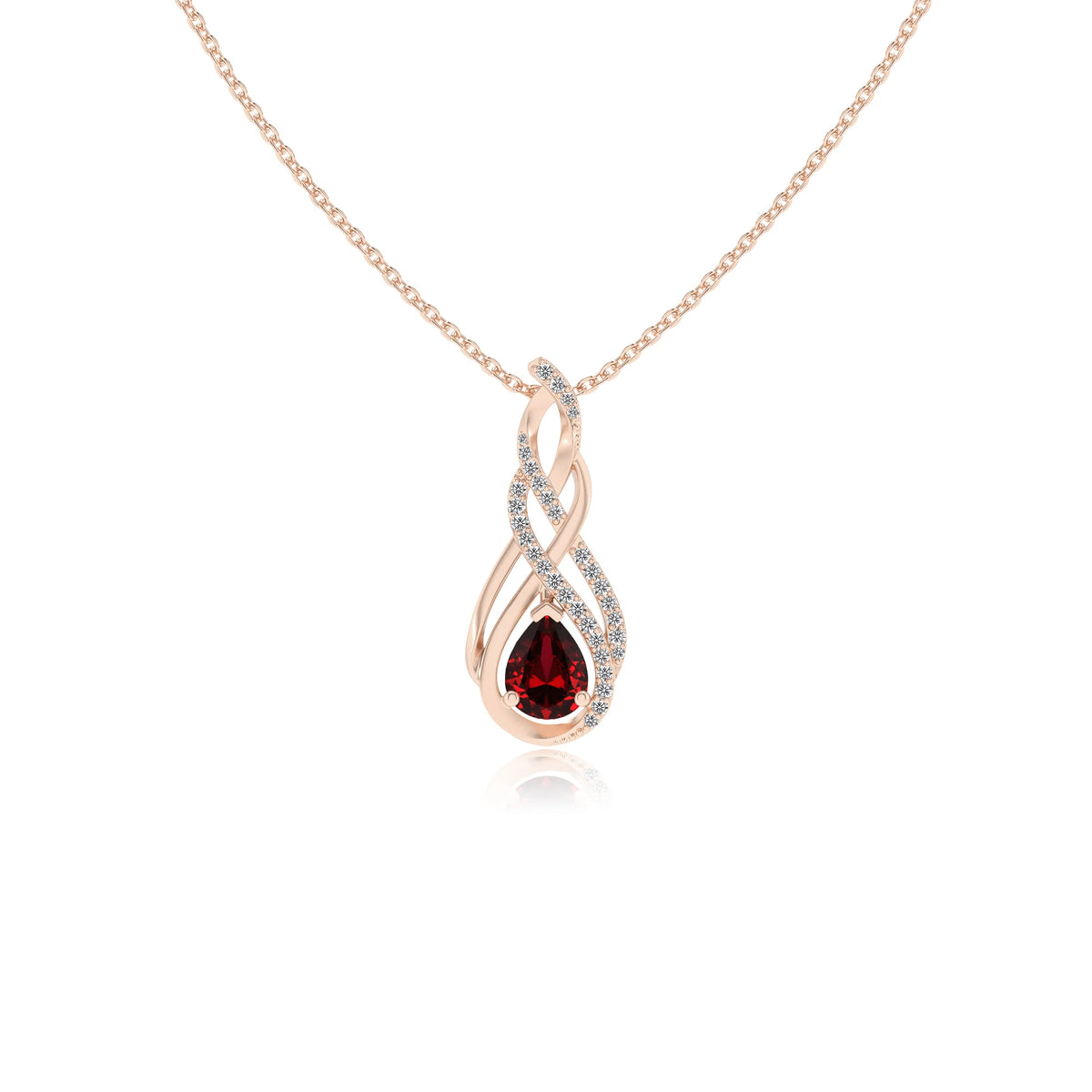 lab grown ruby pear solitaire necklaces in rose gold 