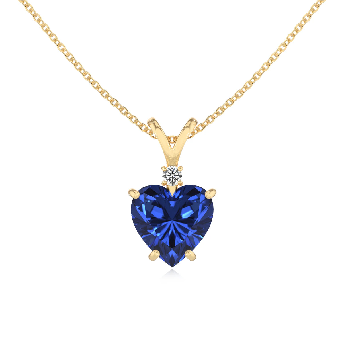 lab grown blue-sapphire heart solitaire v-bale necklaces in yellow gold 