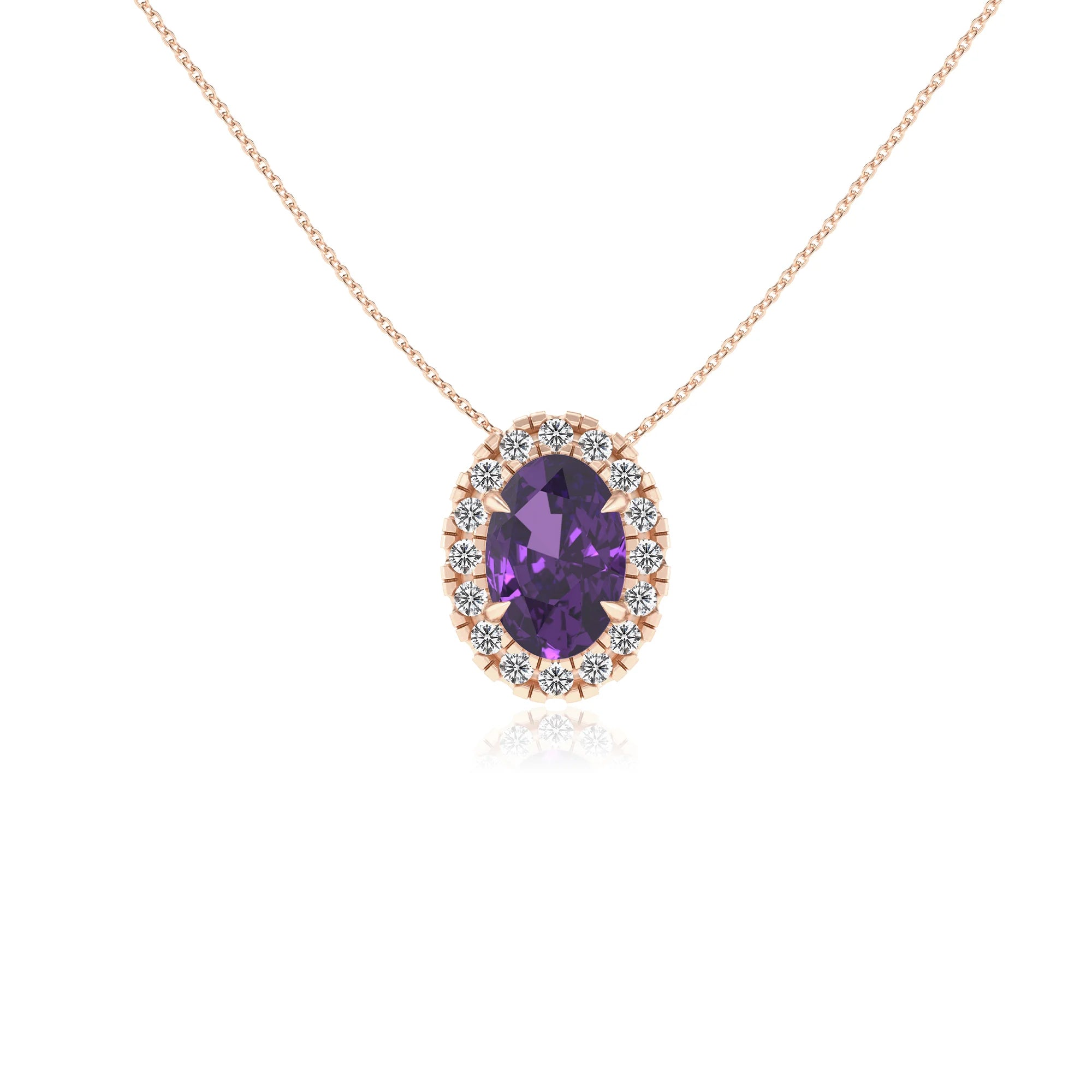 lab grown amethyst oval solitaire necklaces in rose gold 