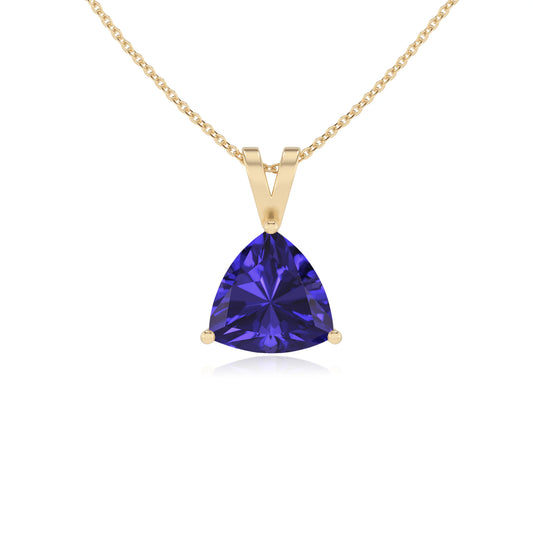 lab grown tanzanite trillion solitaire v-bale necklaces in yellow gold 