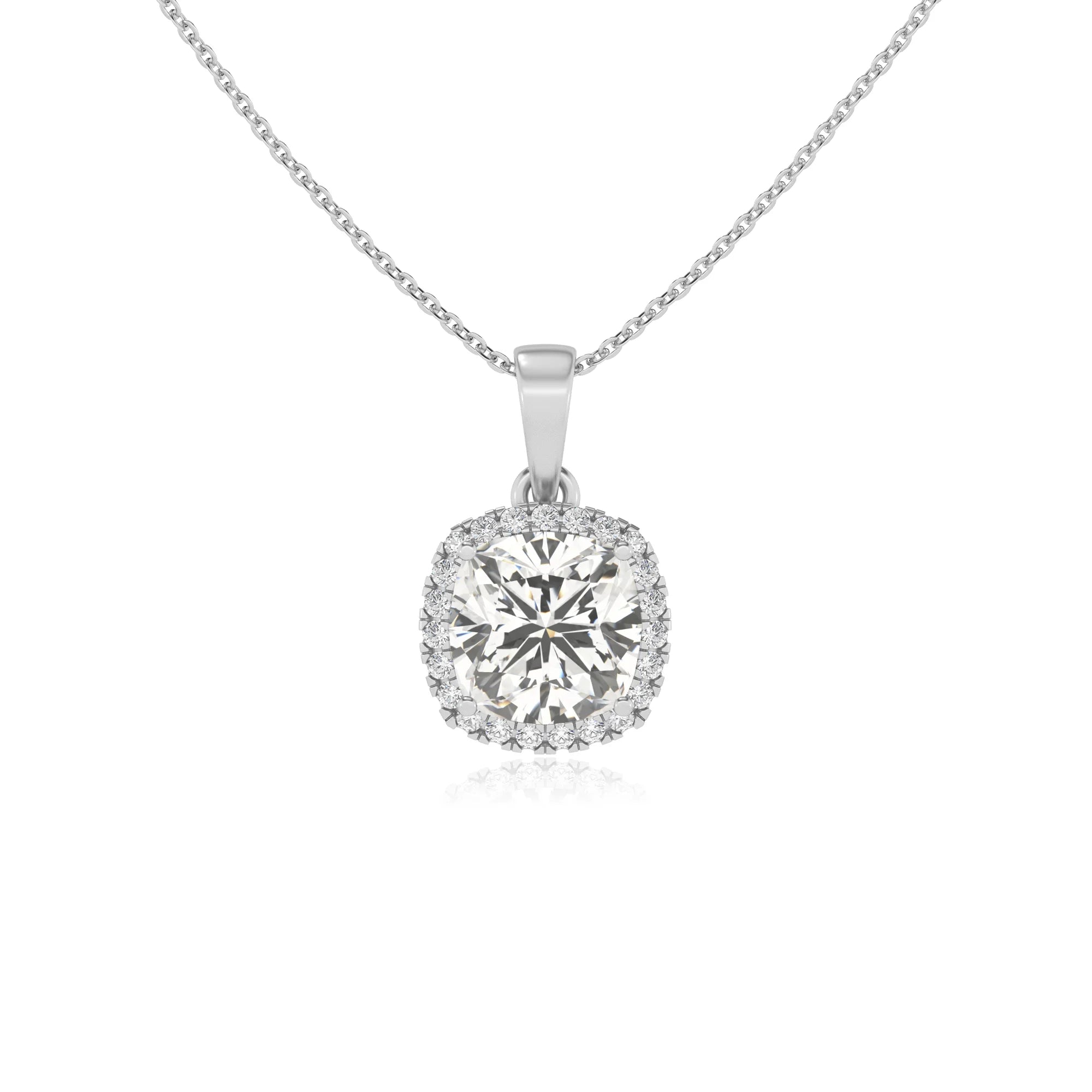 lab grown moissanite cushion solitaire necklaces in white gold 