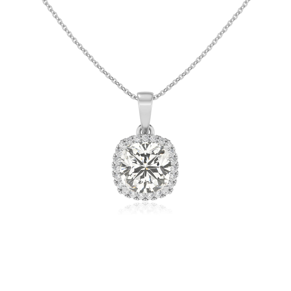 lab grown moissanite cushion solitaire necklaces in white gold 