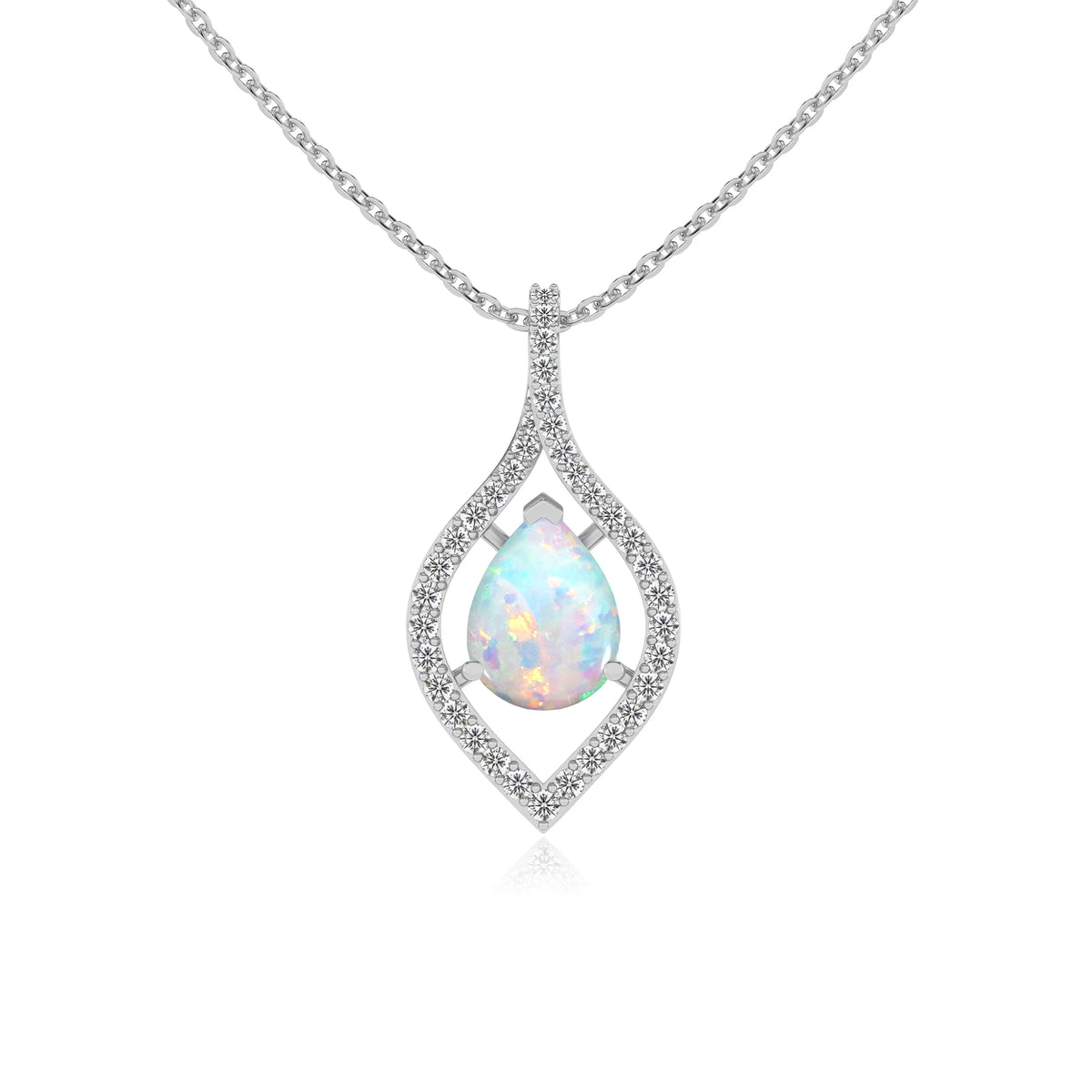 lab grown opal pear infinity necklaces in white gold 