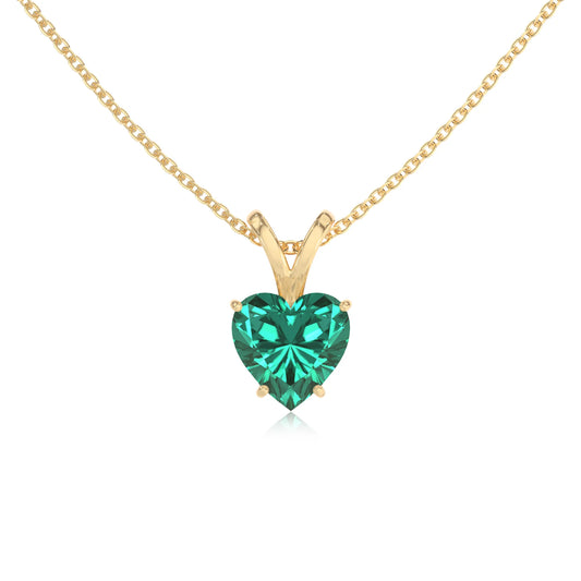 lab grown emerald heart solitaire v-bale necklaces in yellow gold 