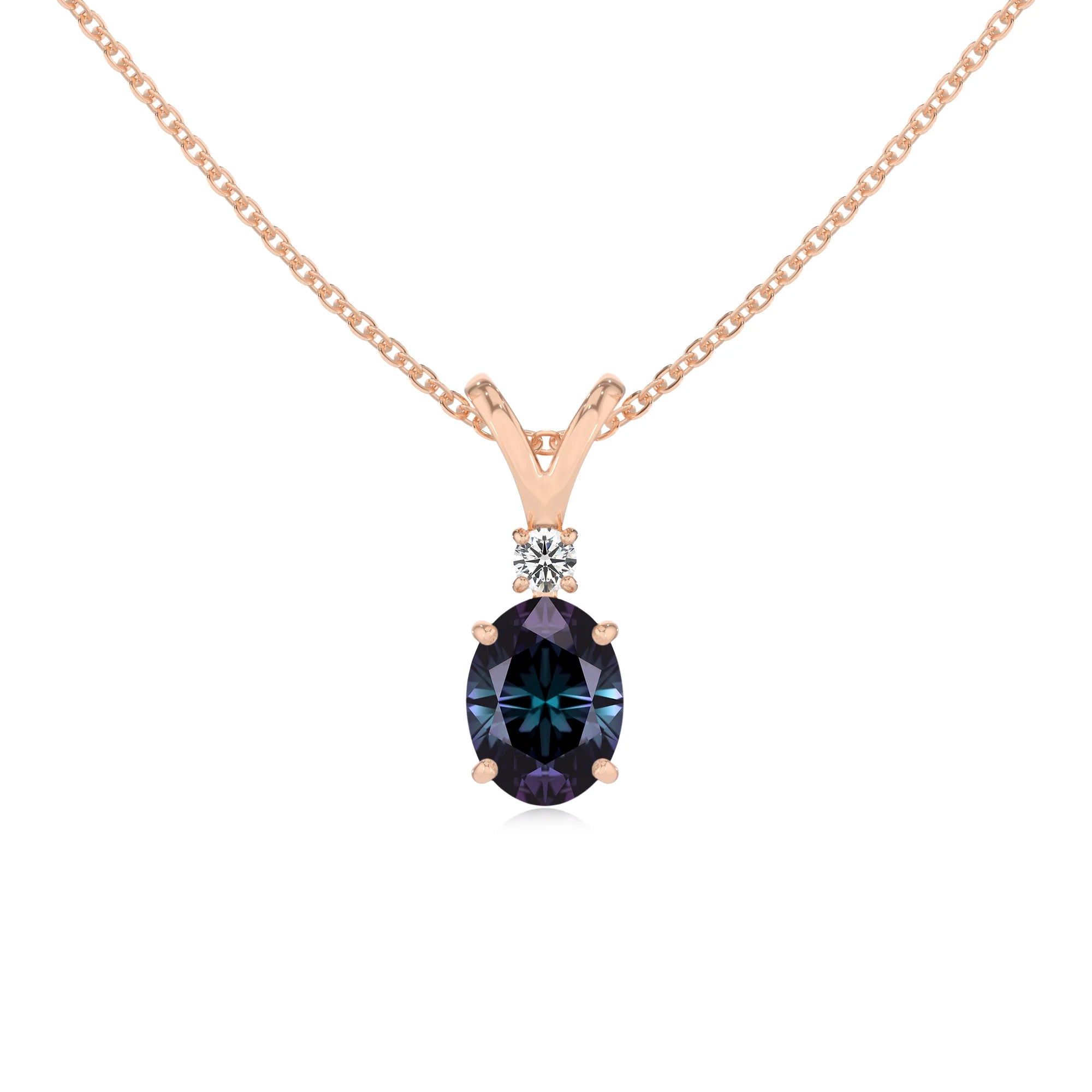 lab grown alexandrite oval solitaire v-bale necklaces in rose gold 