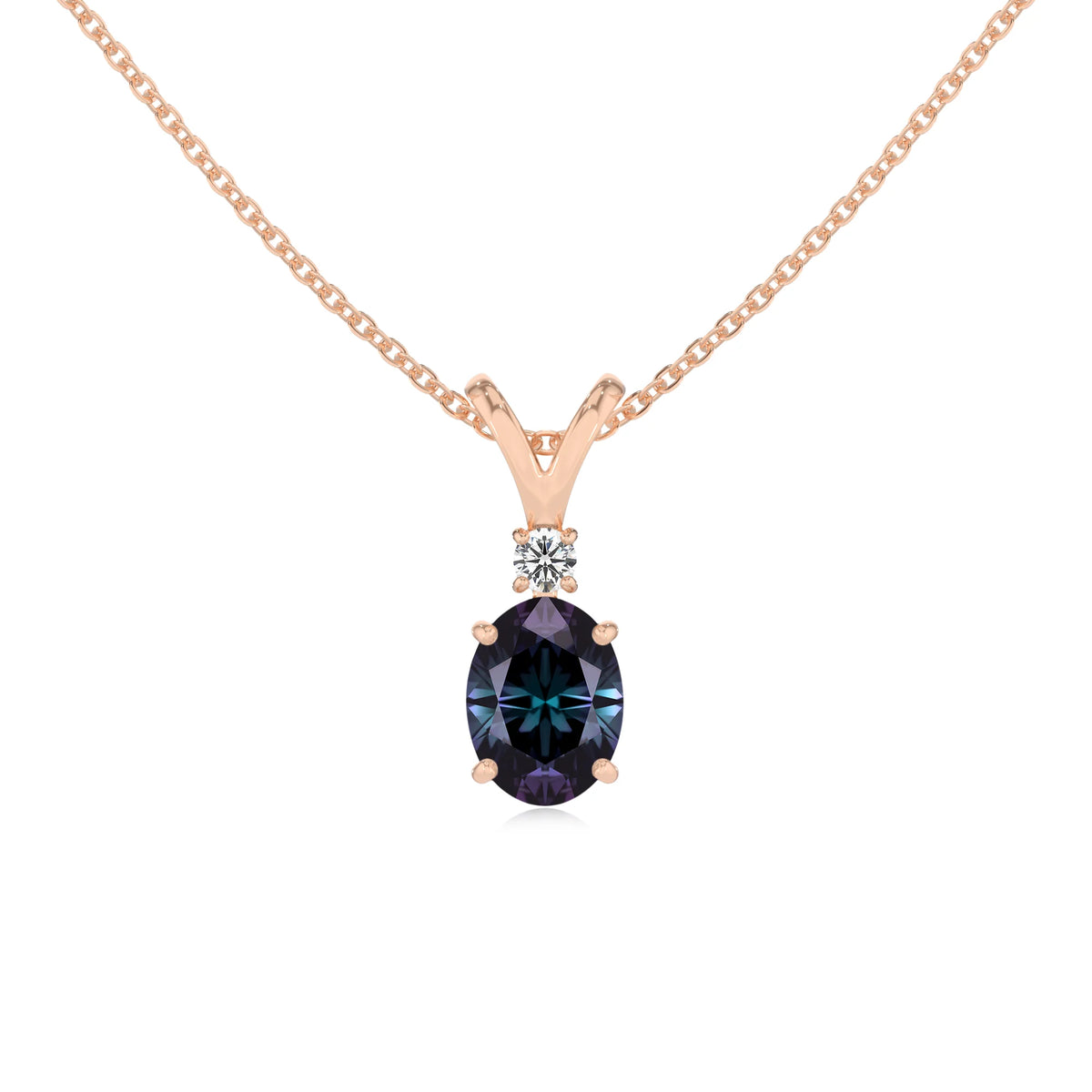 lab grown alexandrite oval solitaire v-bale necklaces in rose gold 