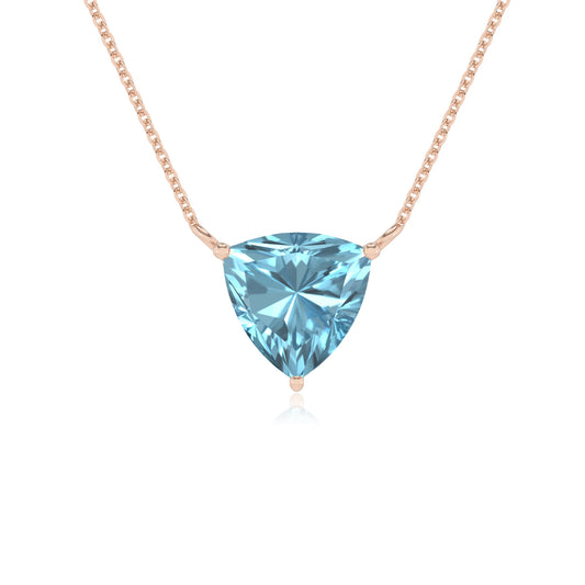 lab grown aquamarine trillion solitaire necklaces in rose gold 